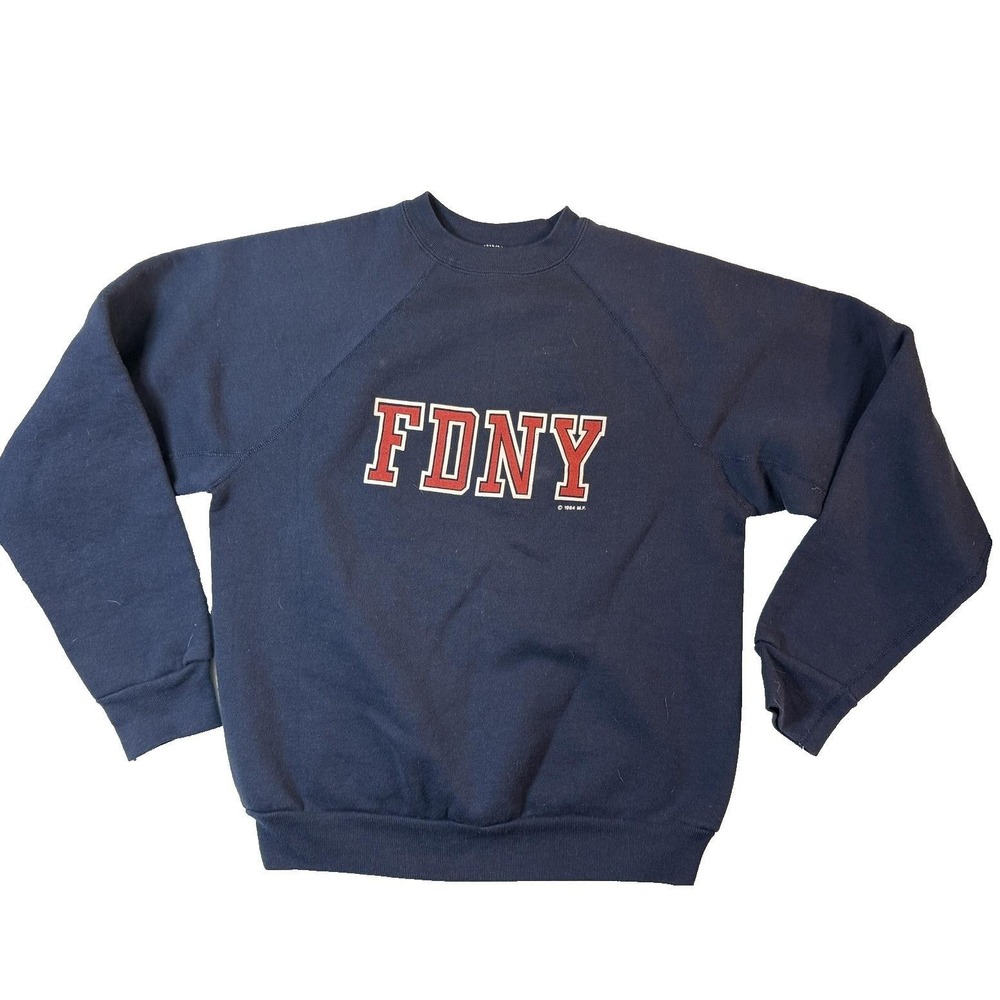 Vintage 80s FDNY Sweatshirt Mens Med Blue Firefighter NYC Reverse Weave USA